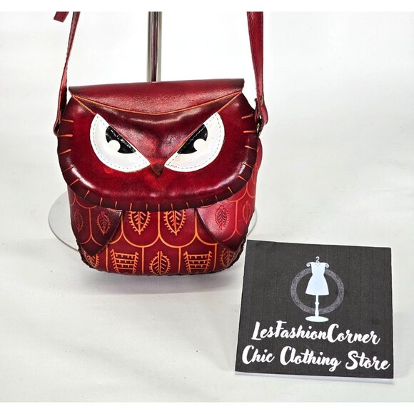 Art93 Women's Red Leather Owl Hand-Stitched Crossbody Purse Size Small 1699 - Picture 4 of 11